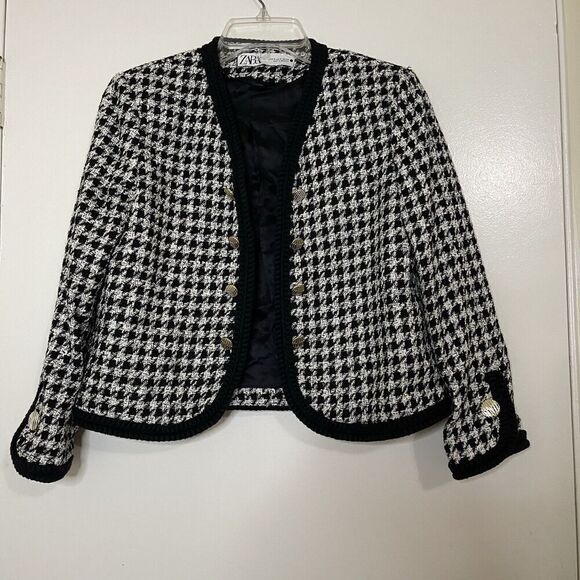 ZARA Blogger Favorite Black White Houndstooth Cropped Blazer Jacket medium - Picture 2 of 6